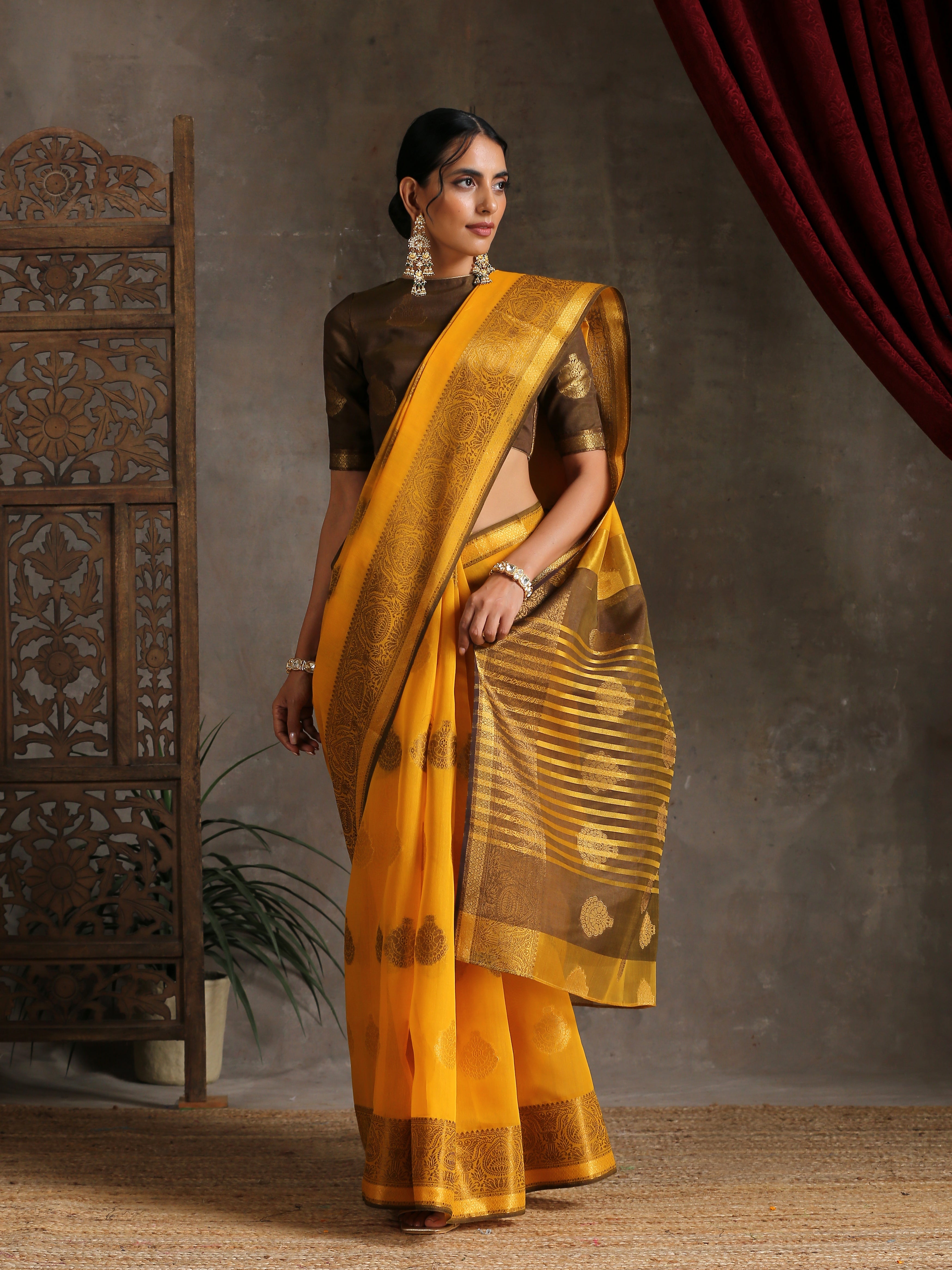 Autumn Yellow & Brown Cotton Saree with Blouse fabric