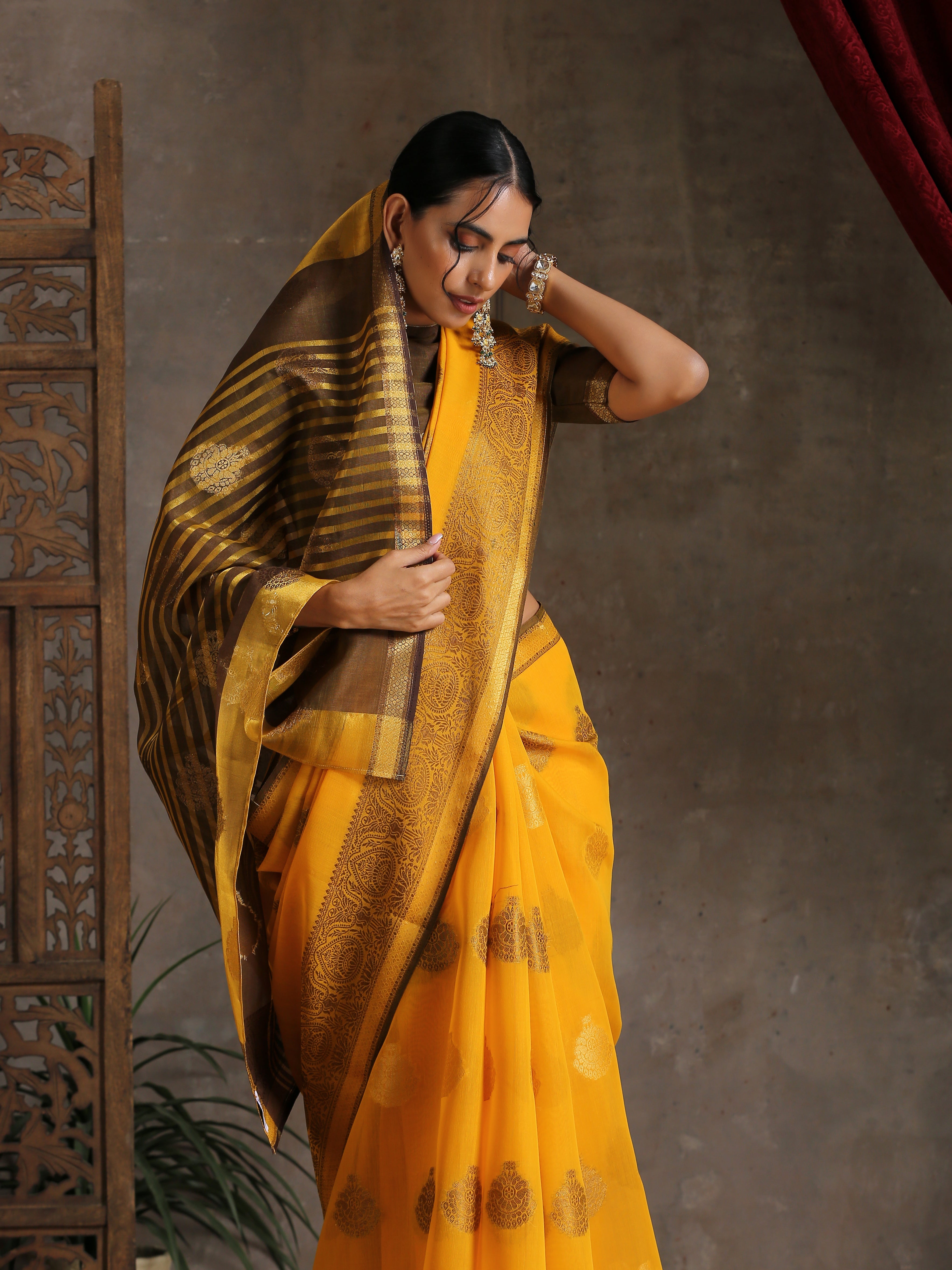 Autumn Yellow & Brown Cotton Saree with Blouse fabric