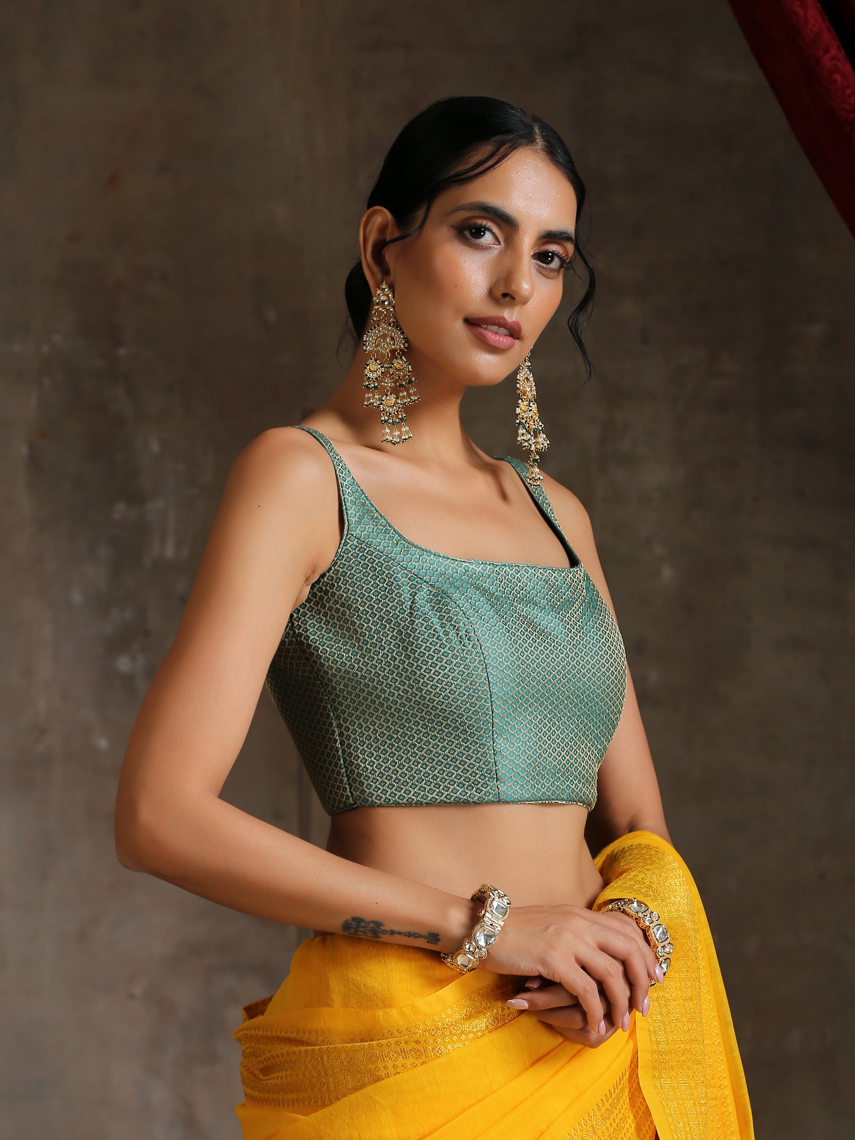 Blouse - Green Jacquard Square Neck