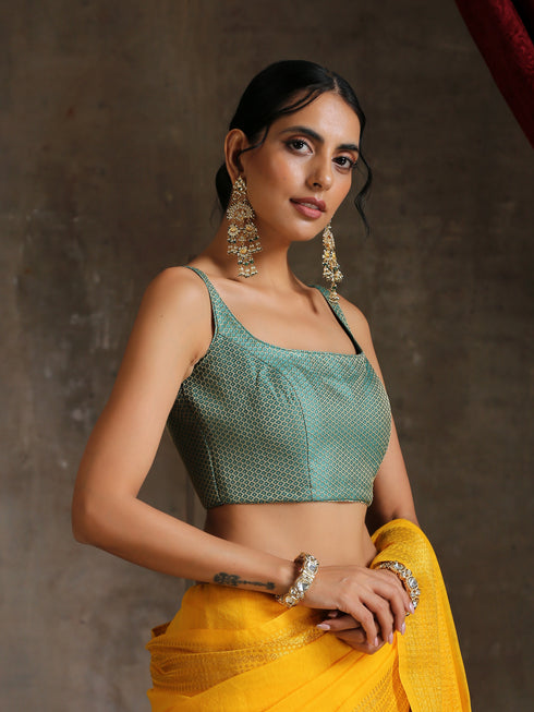 Blouse - Green Jacquard Square Neck
