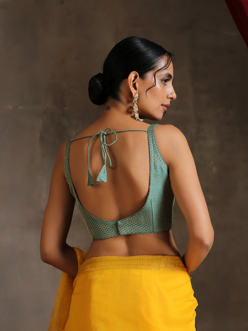 Blouse - Green Jacquard Square Neck