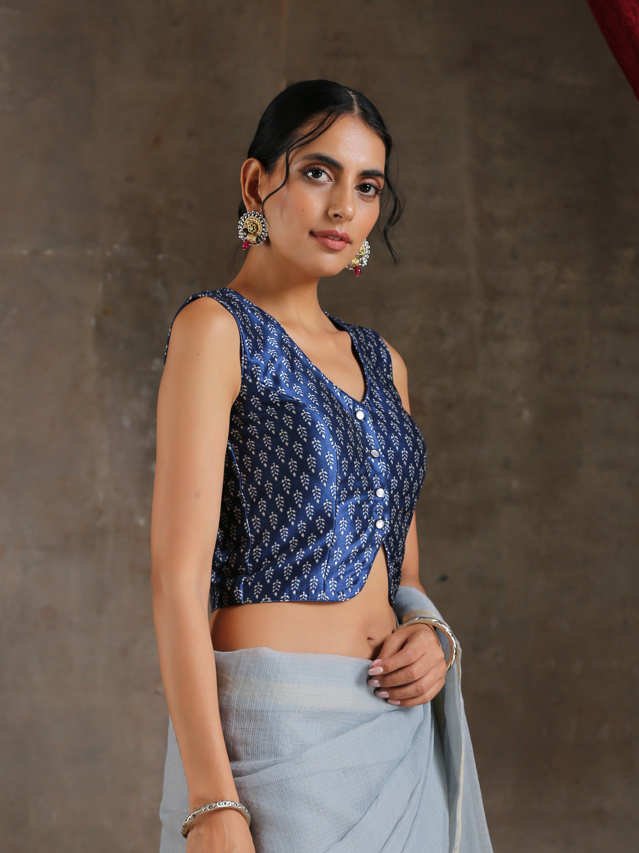 Blouse - Blue Leaves Print with Buttons