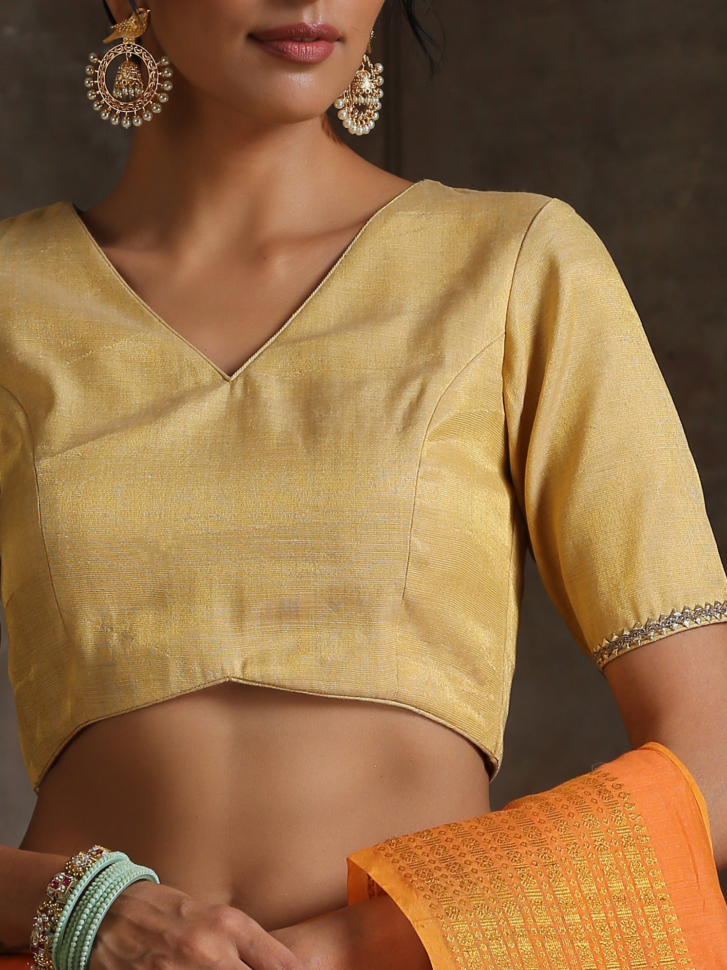 Blouse - Gold Uppada with Lace on Sleeves