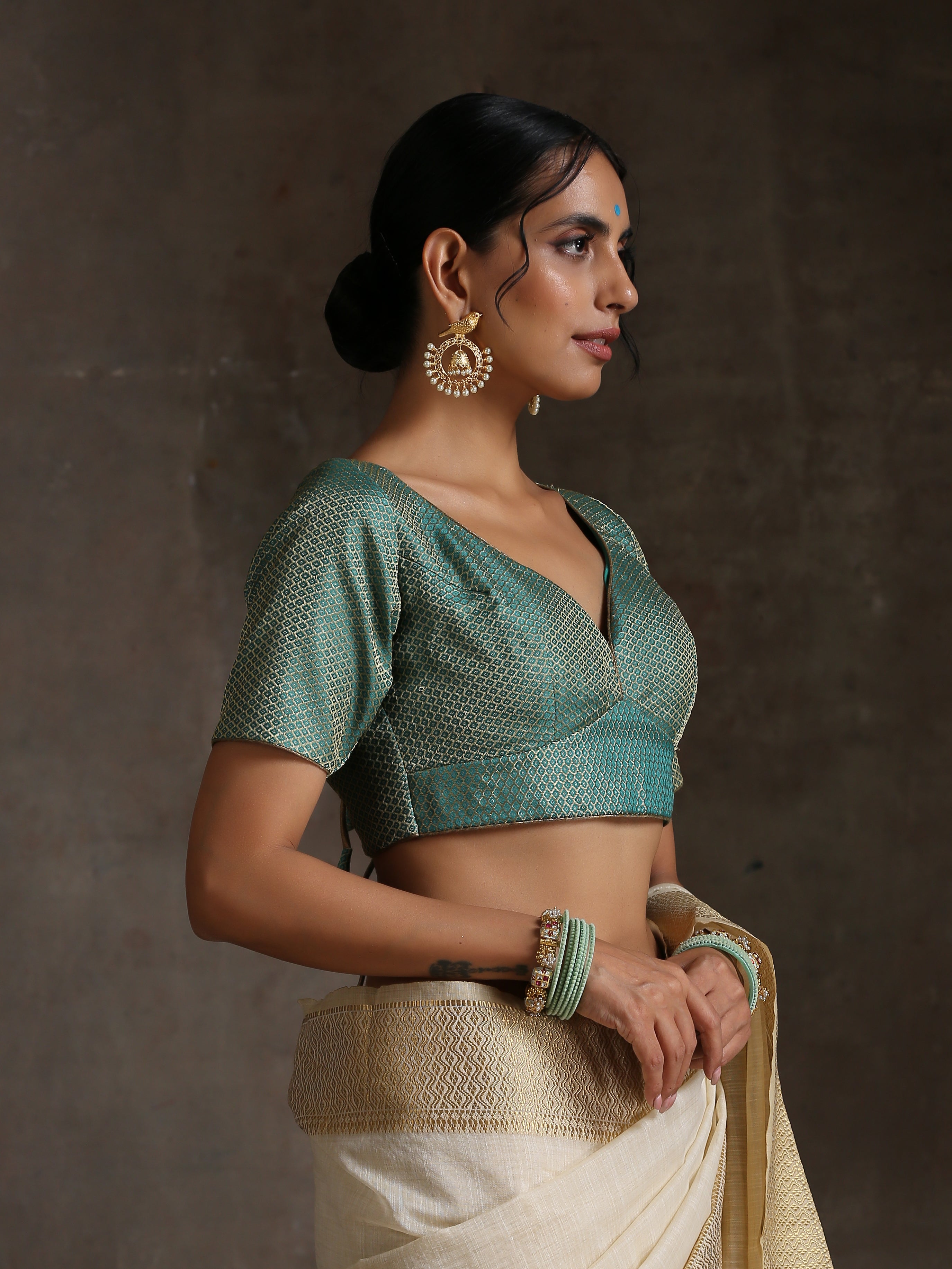 Blouse - Green Jacquard V neck