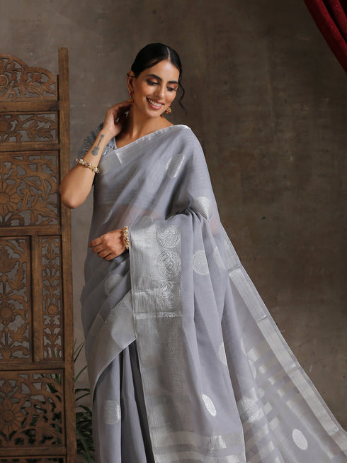 Silver Grey Woven Cotton saree with Blouse fabric