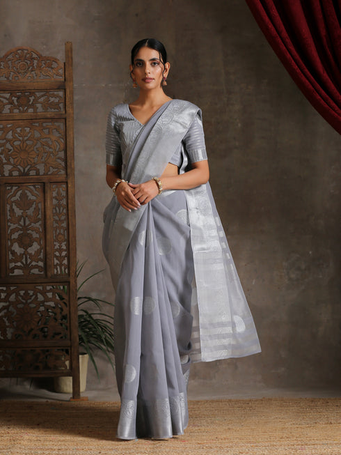 Silver Grey Woven Cotton saree with Blouse fabric