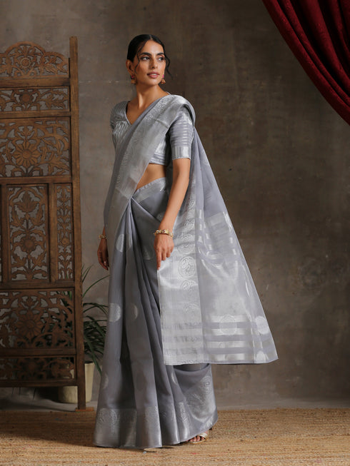 Silver Grey Woven Cotton saree with Blouse fabric