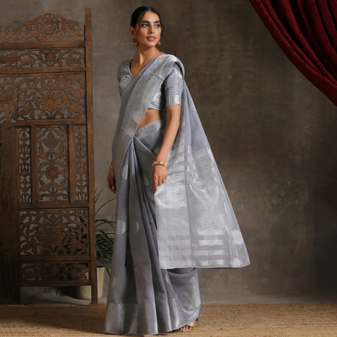 Silver Grey Woven Cotton saree with Blouse fabric