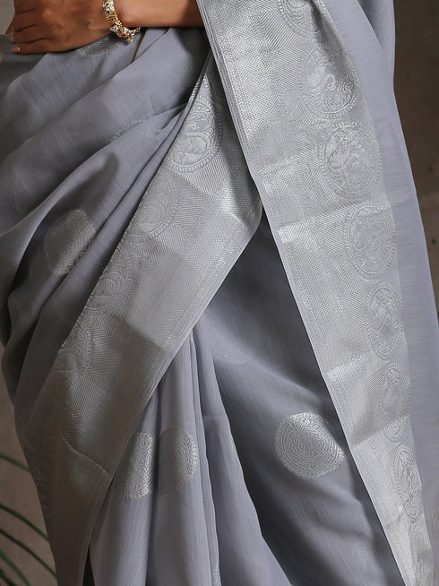Silver Grey Woven Cotton saree with Blouse fabric