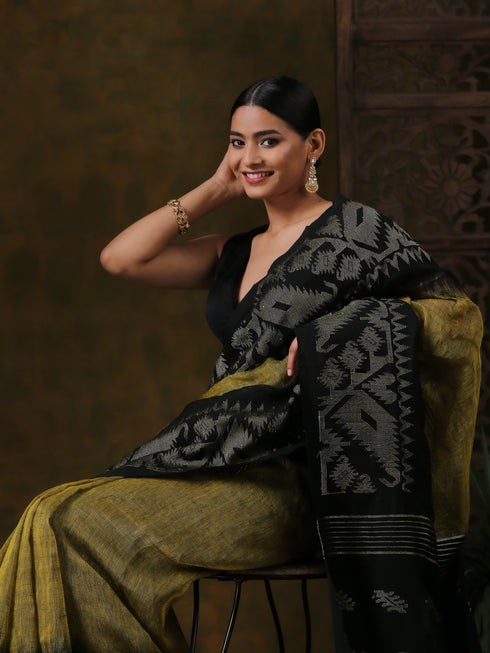 Pure Linen Henna & Woven Big Border Handloom Saree