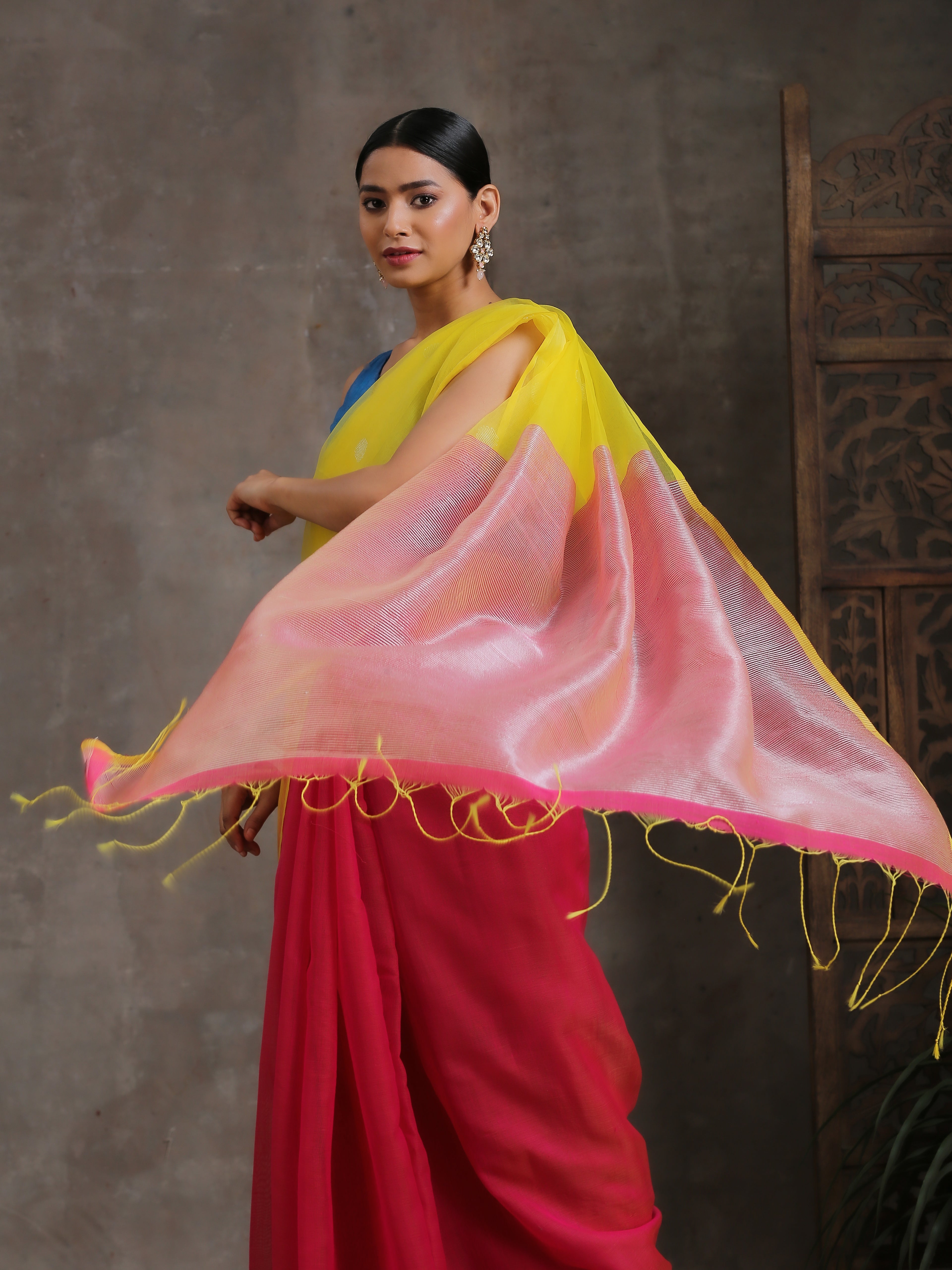 Pink & Yellow Chanderi Saree with Blouse Fabric