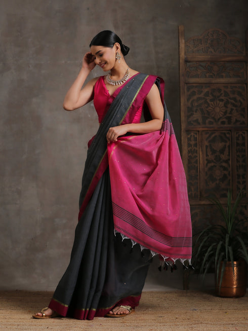 Grey & Pink Handloom Saree with Blouse Fabric