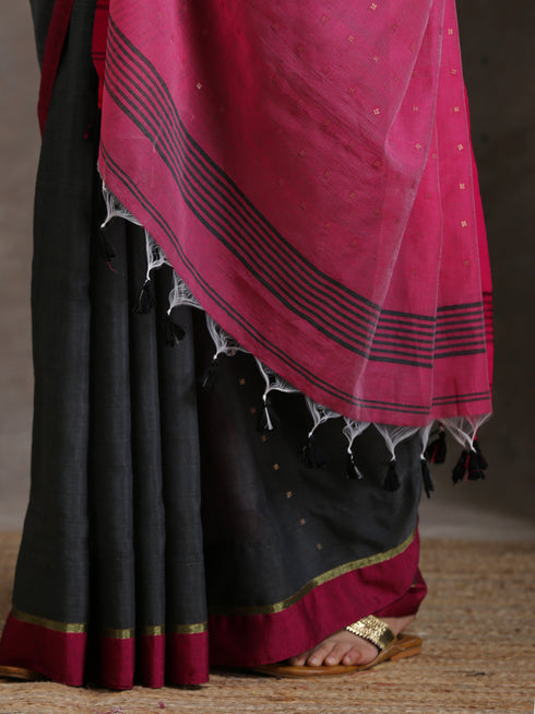 Grey & Pink Handloom Saree with Blouse Fabric