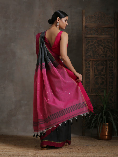 Grey & Pink Handloom Saree with Blouse Fabric