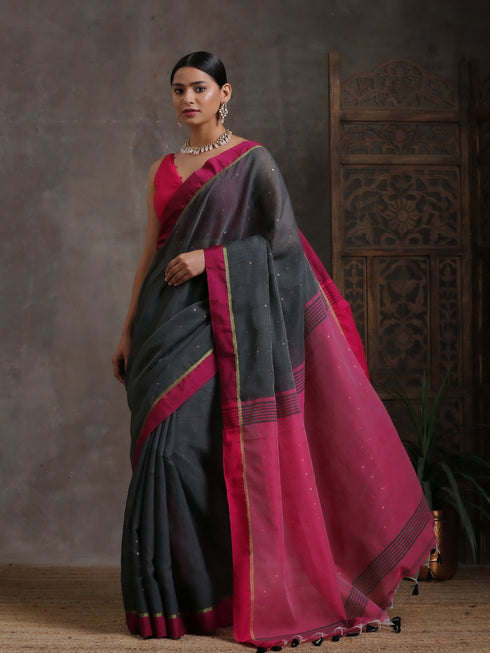 Grey & Pink Handloom Saree with Blouse Fabric
