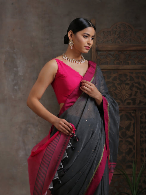 Grey & Pink Handloom Saree with Blouse Fabric