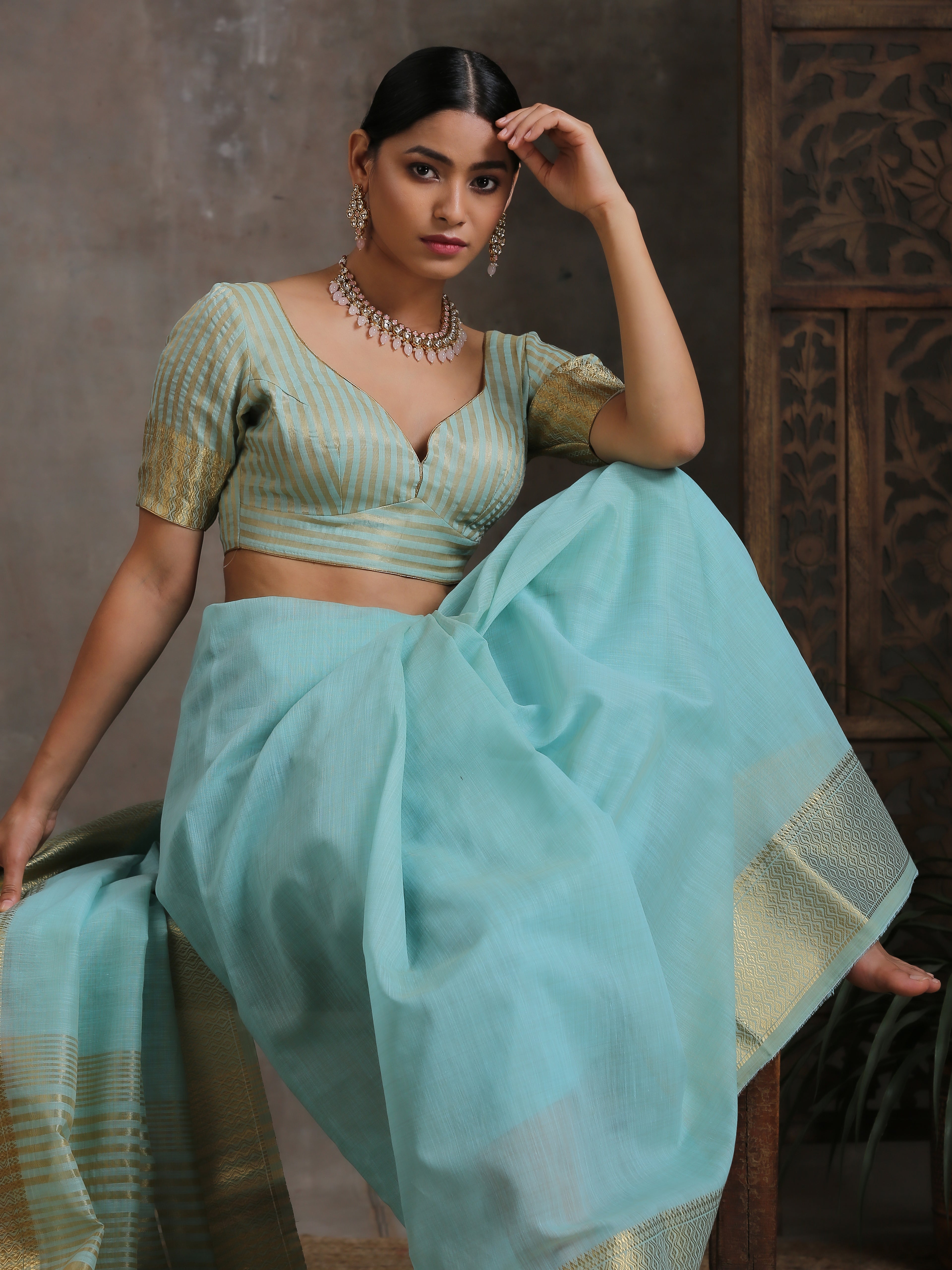 Icy Blue Gold Cotton Saree