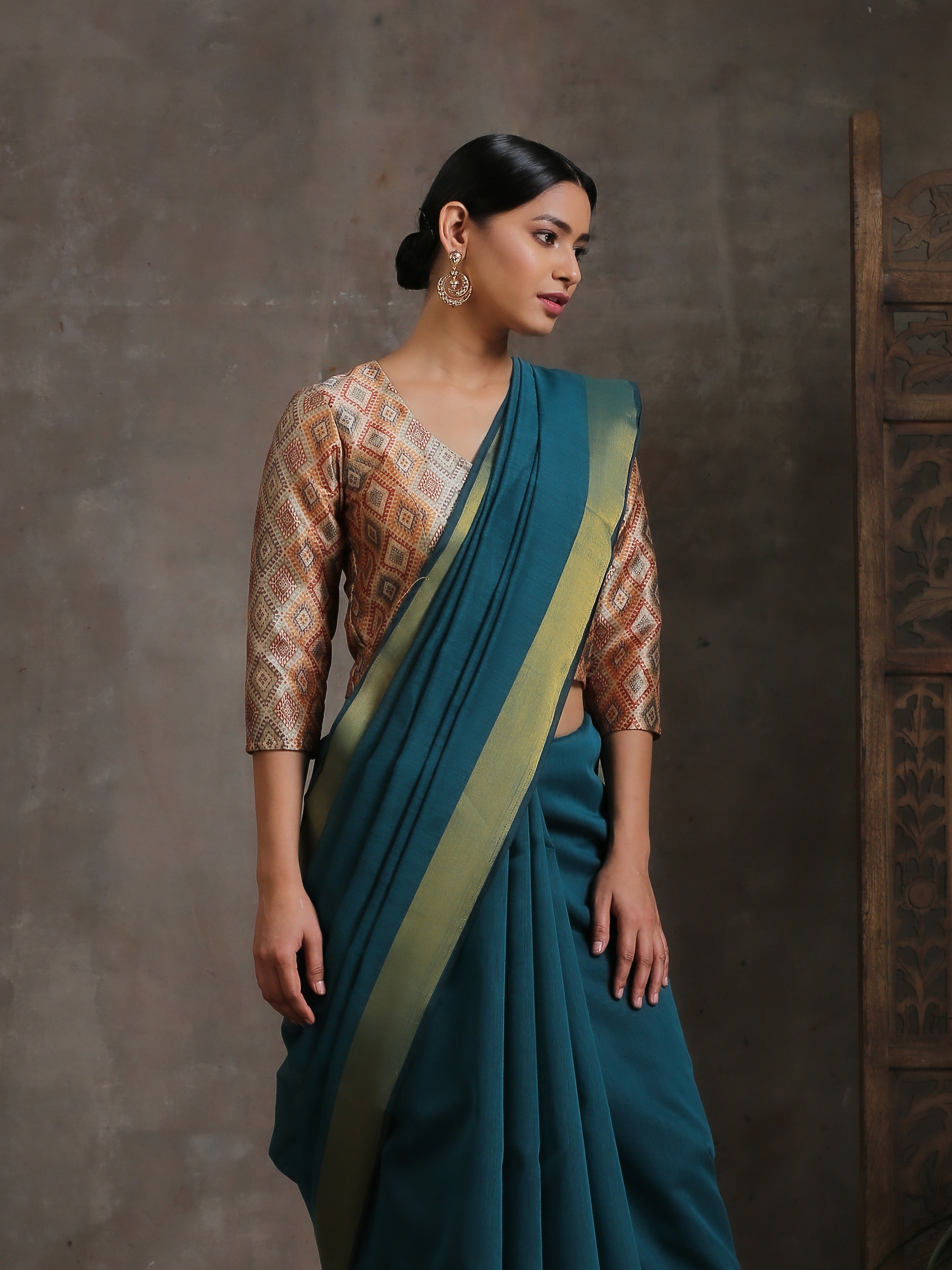 Dark Green Cotton Saree With Gold Border