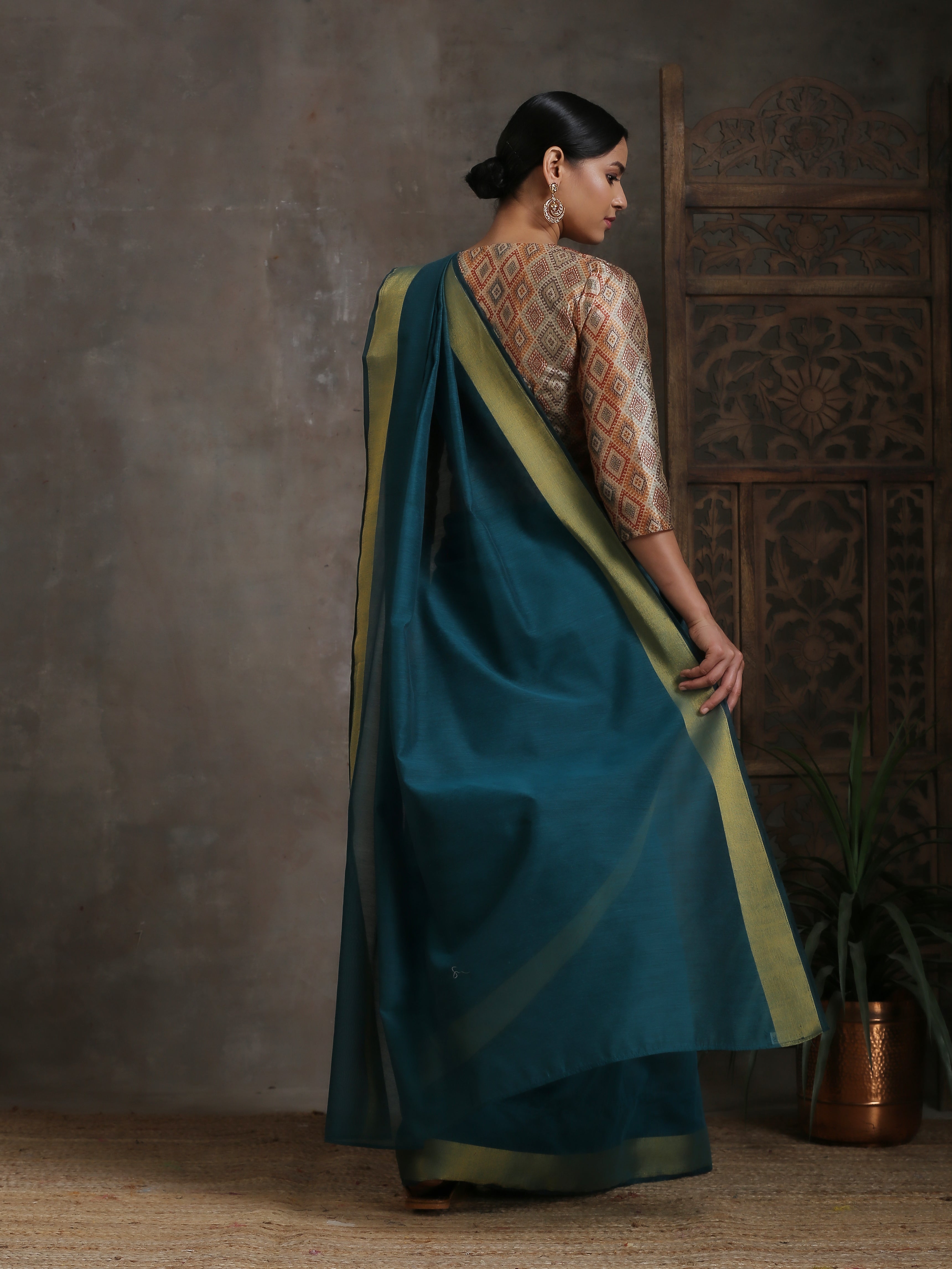 Dark Green Cotton Saree With Gold Border