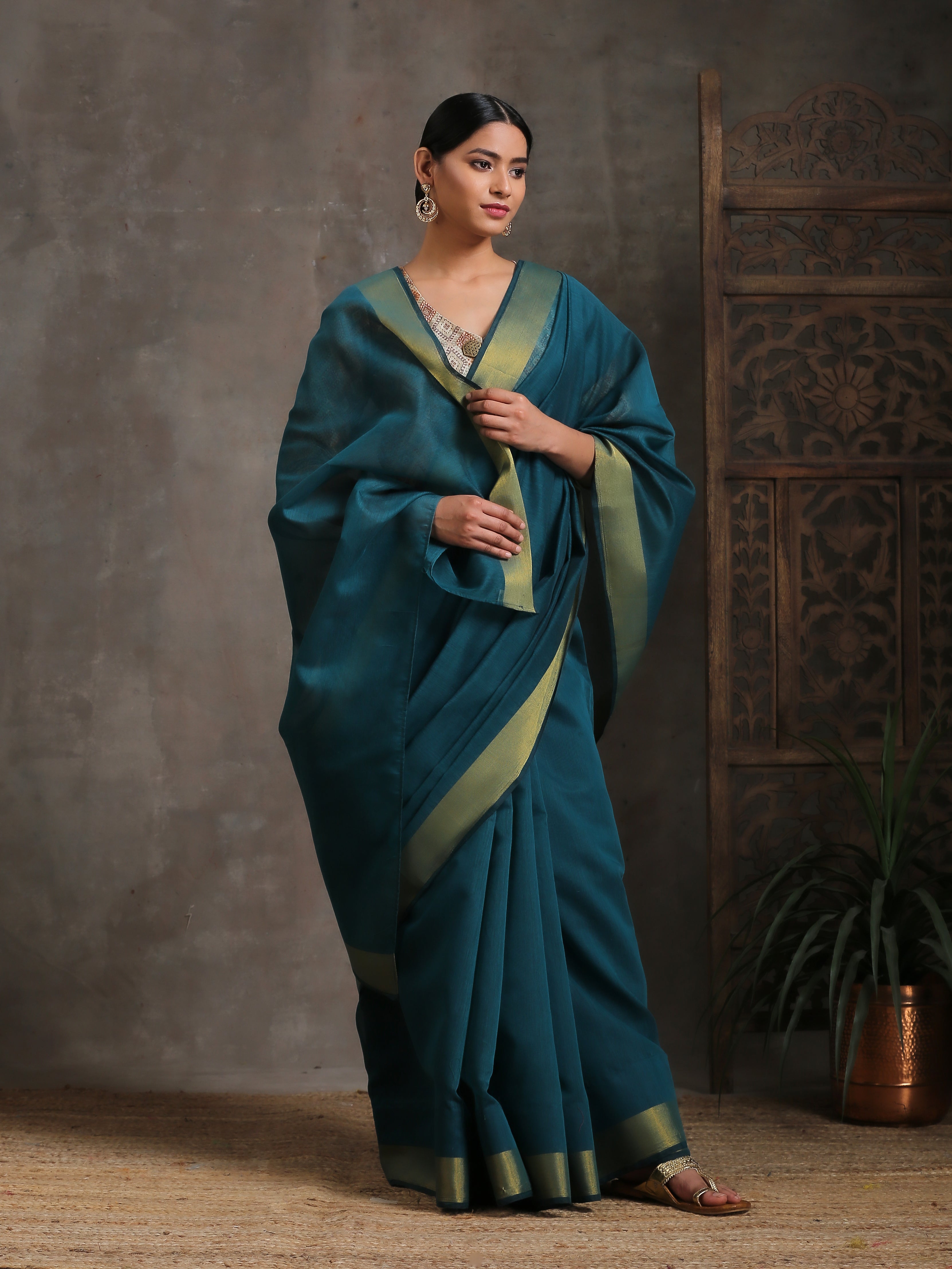 Dark Green Cotton Saree With Gold Border