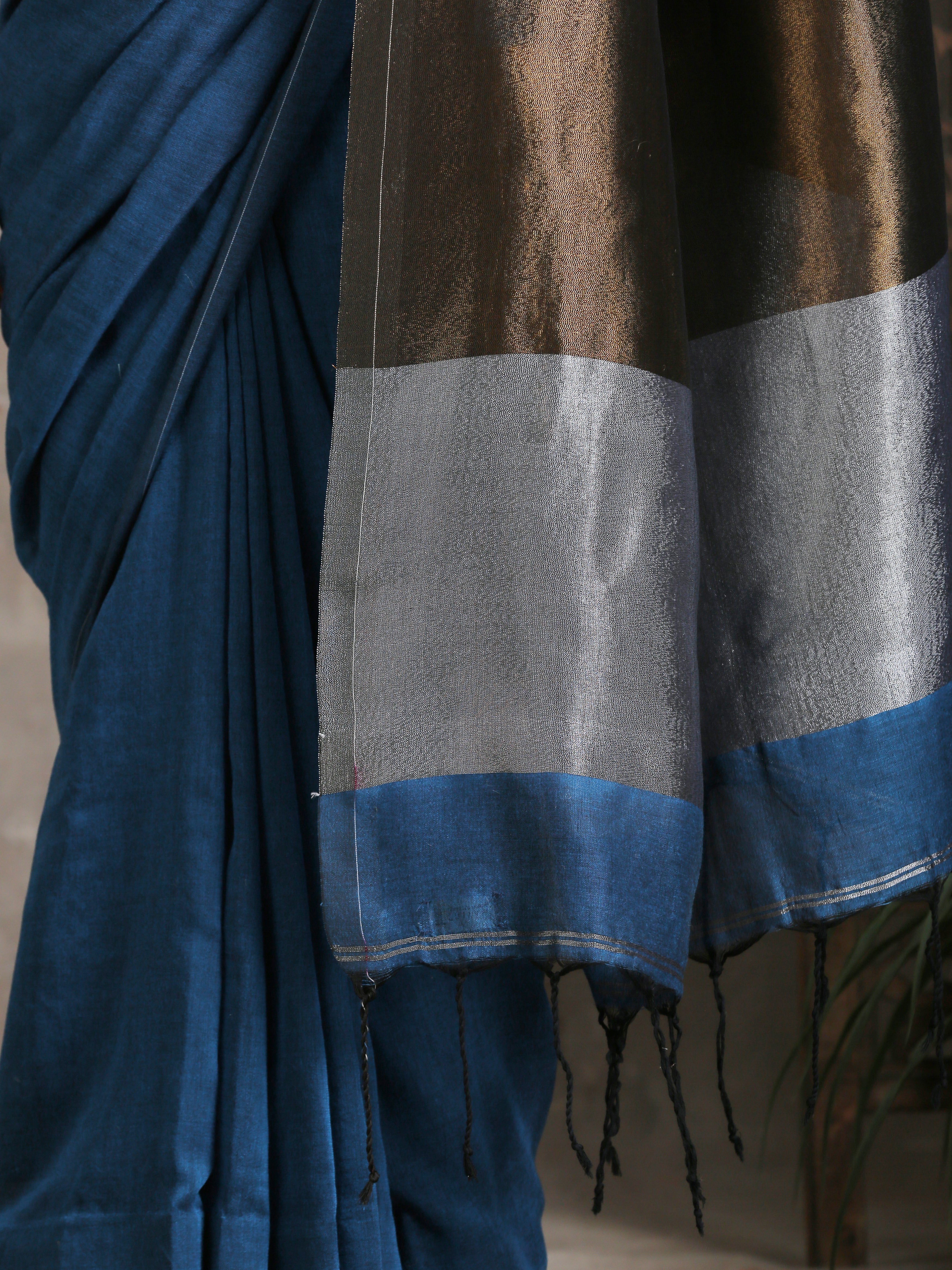 Blue Cotton Handloom Saree with Bronze & Silver Pallu