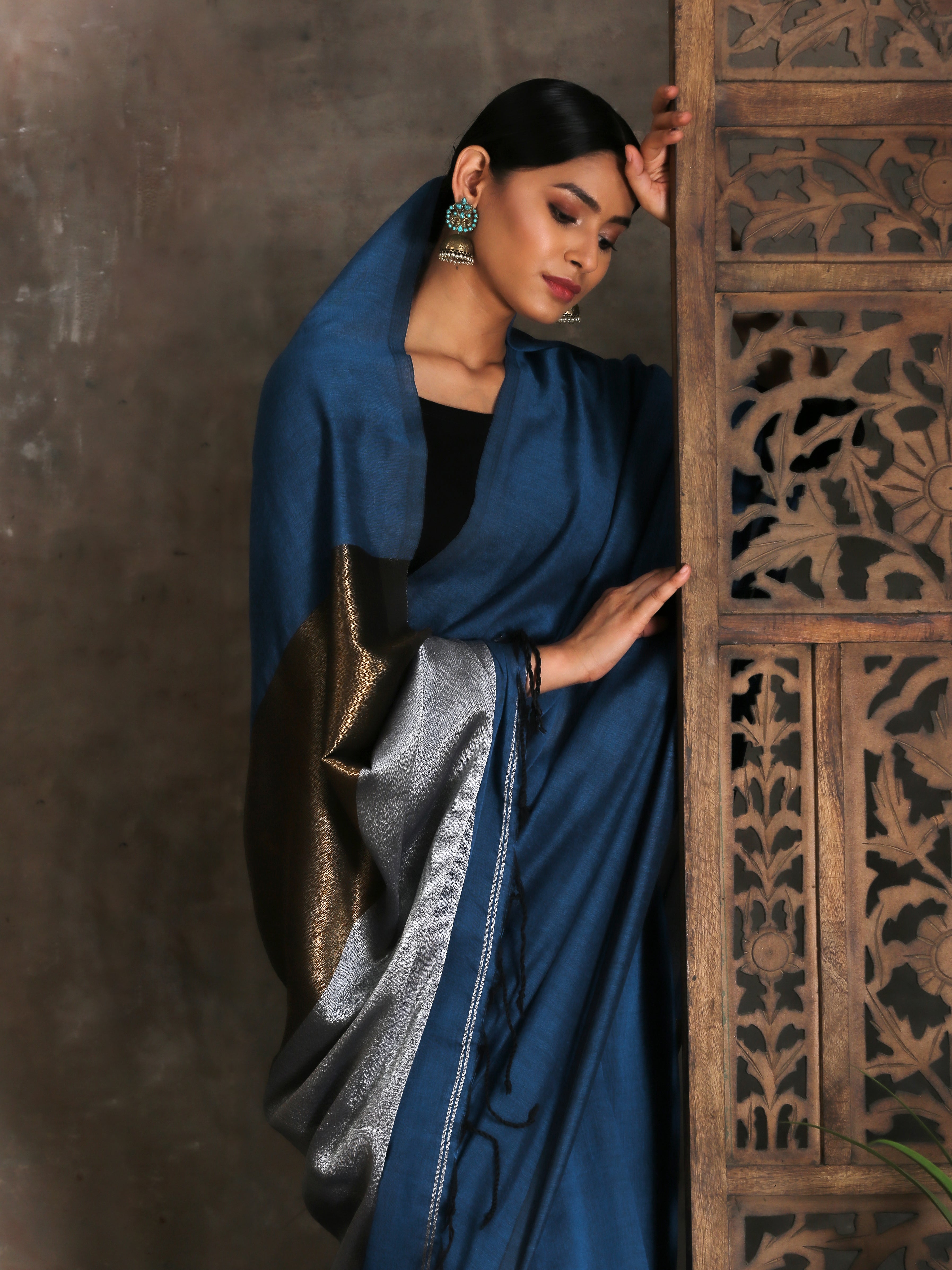 Blue Cotton Handloom Saree with Bronze & Silver Pallu