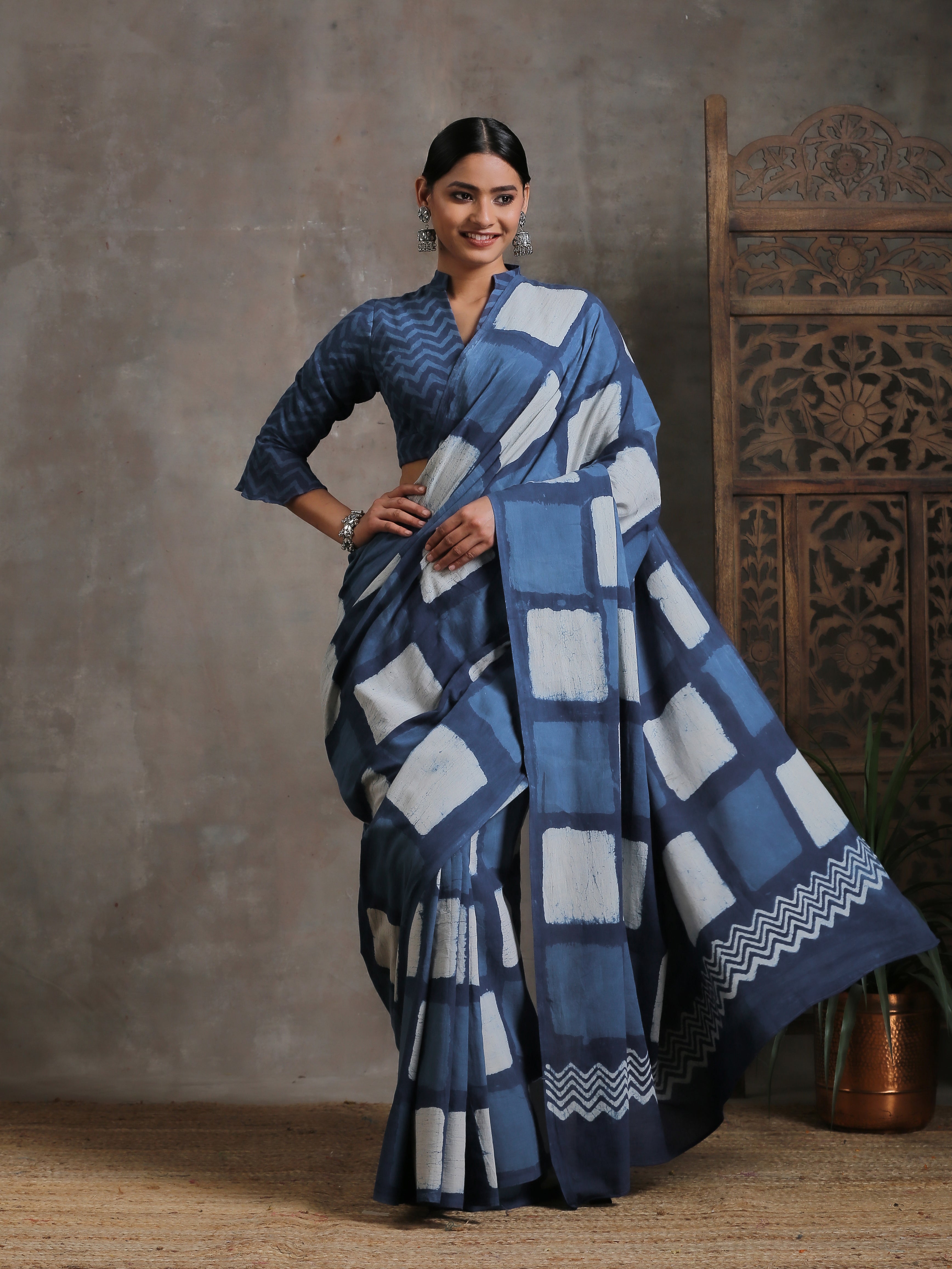 Indigo Box Hand Block Cotton Saree