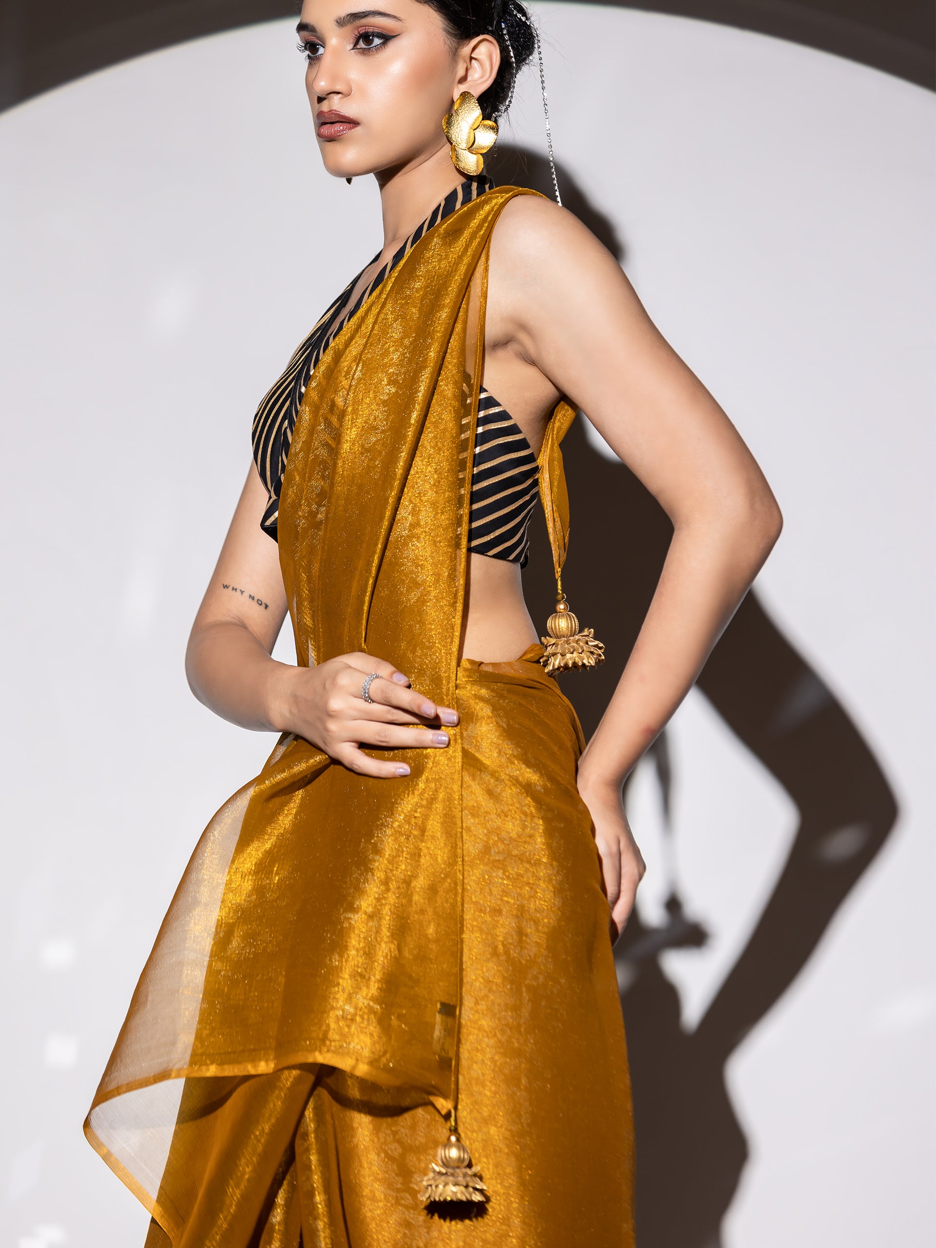 Blitz mustard gold floral print organza saree with blouse fabric — view 2