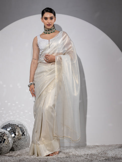 Royal Affair White Gold Organza Saree with Embroidered Blouse Fabric
