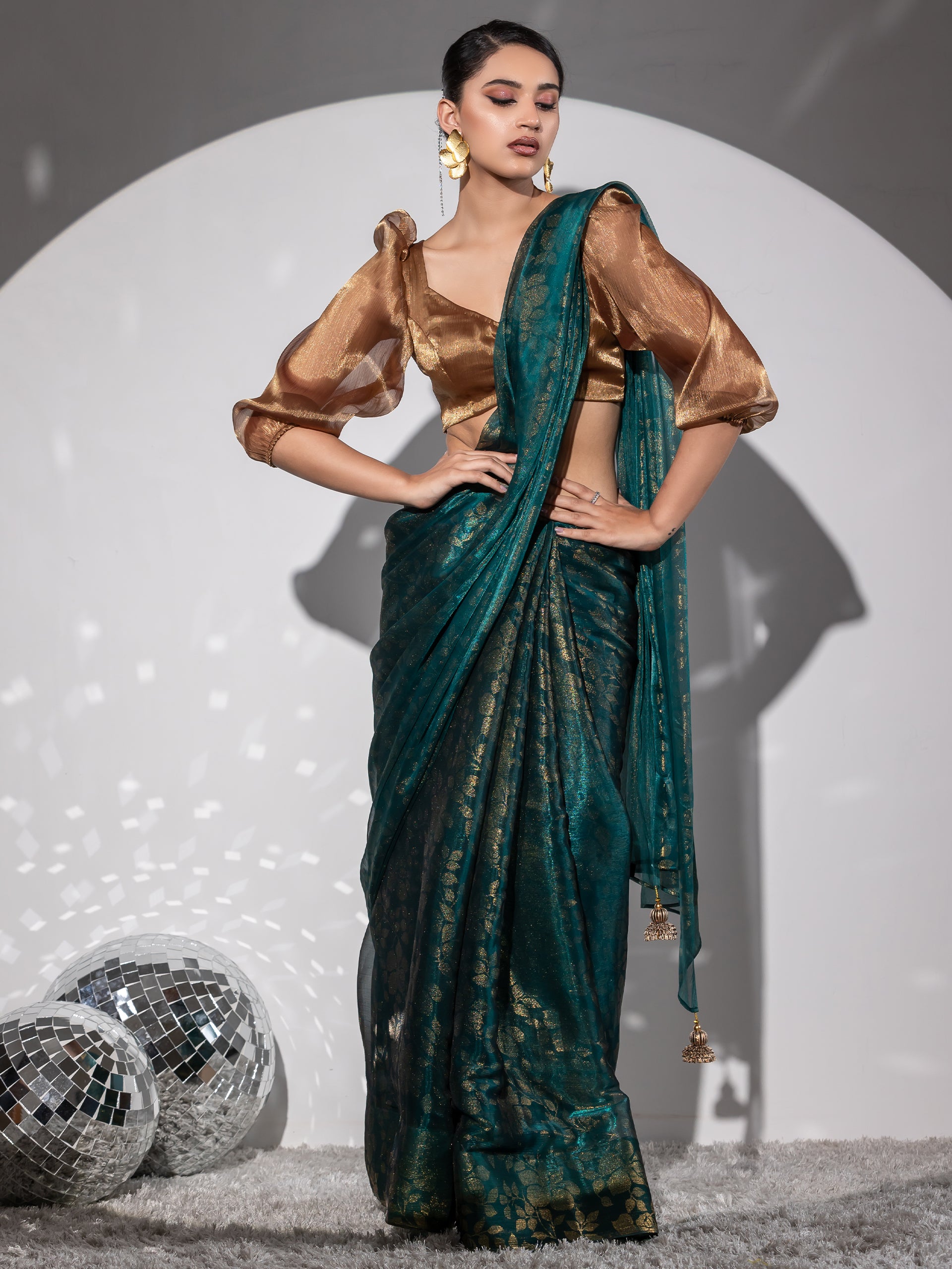 Golden forest organza floral print saree with blouse fabric — view 2