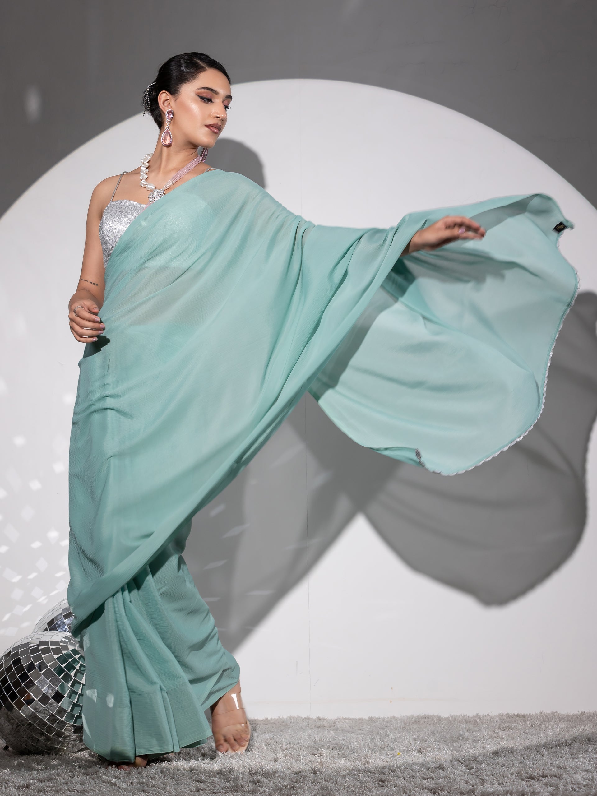 Bora Bora Blue Saree with Silver Lace