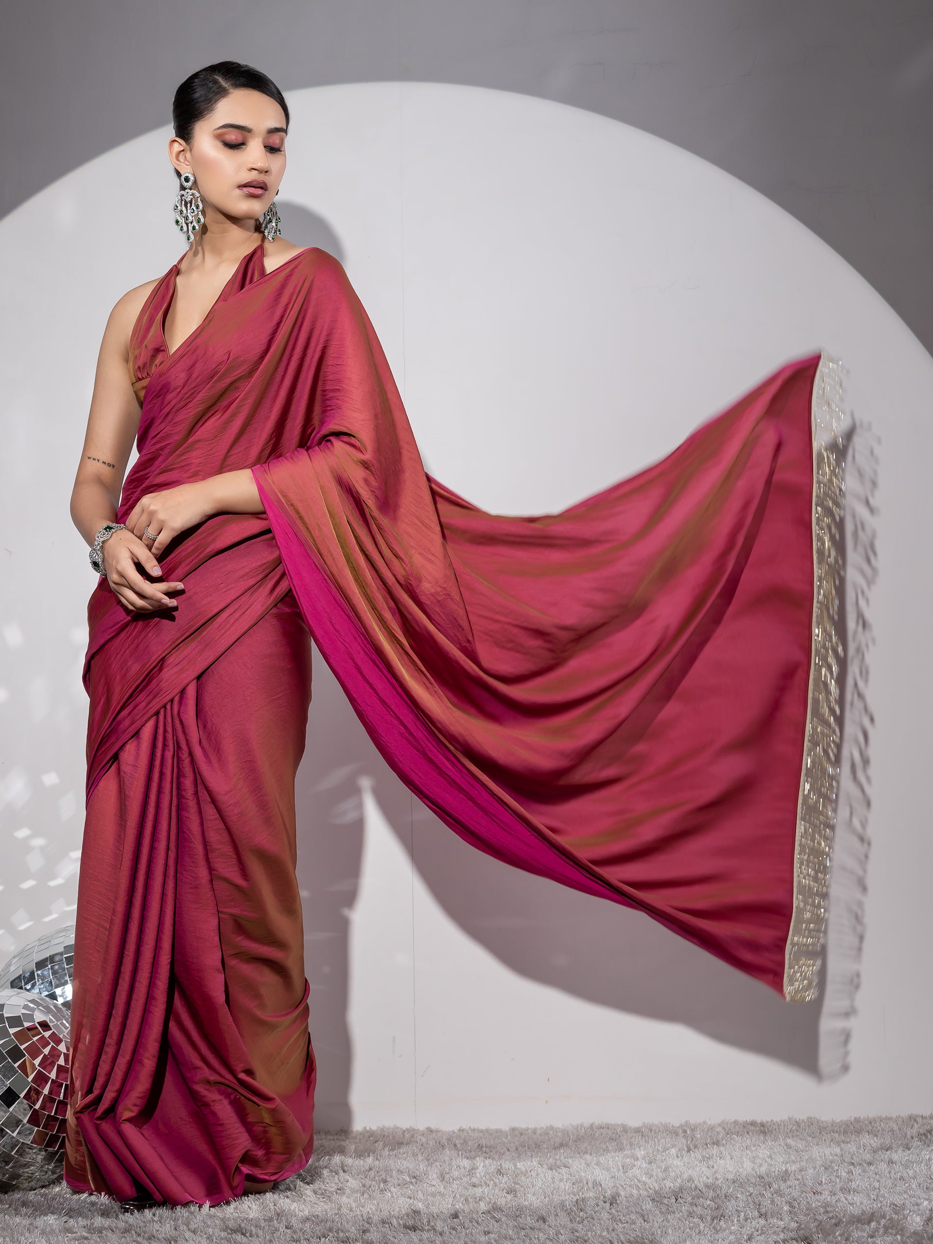 Treasure Paradise Satin Saree with Long Beads and Blouse Fabric
