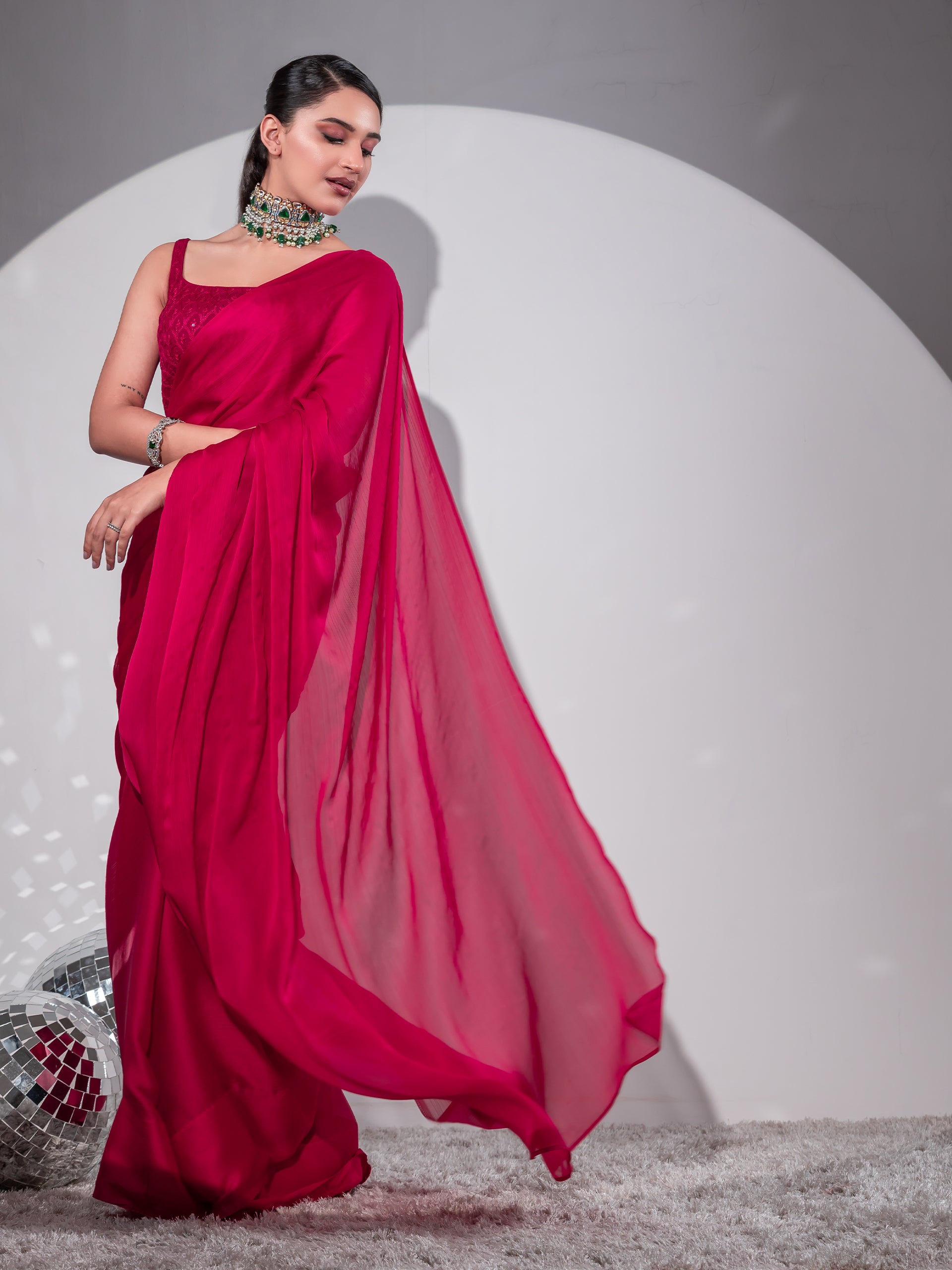 Romantic Crimson Butter Chiffon Saree with Embroidered Blouse Fabric
