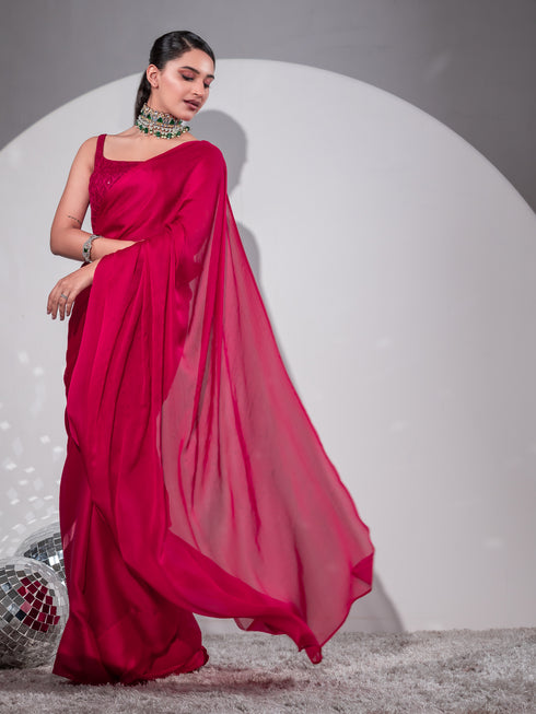 Romantic Crimson Butter Chiffon Saree with Embroidered Blouse Fabric