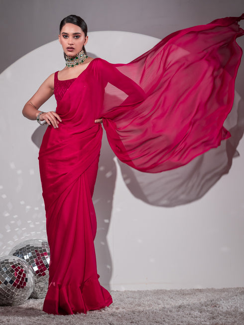 Romantic Crimson Butter Chiffon Saree with Embroidered Blouse Fabric