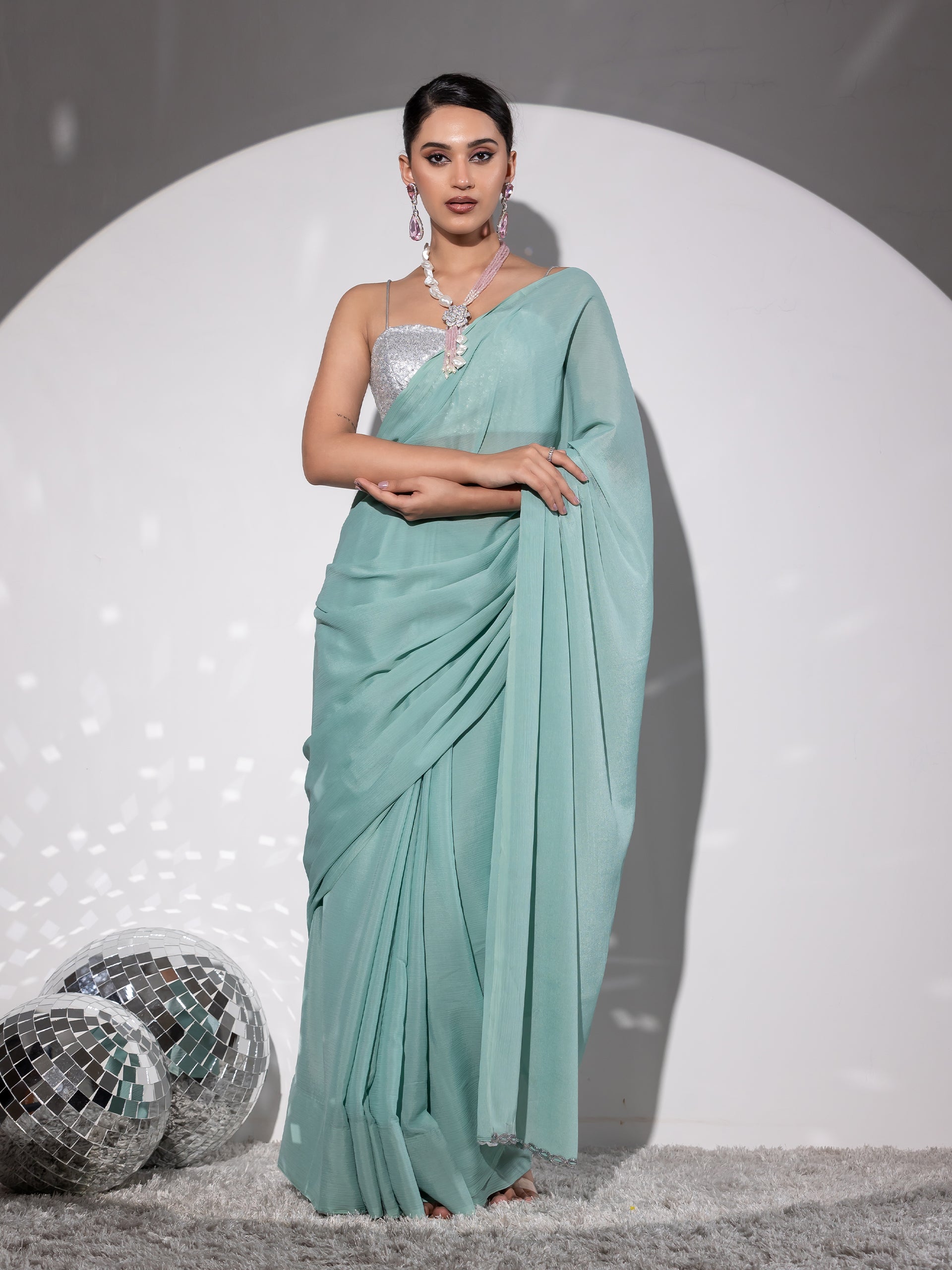 Bora Bora Blue Saree with Silver Lace