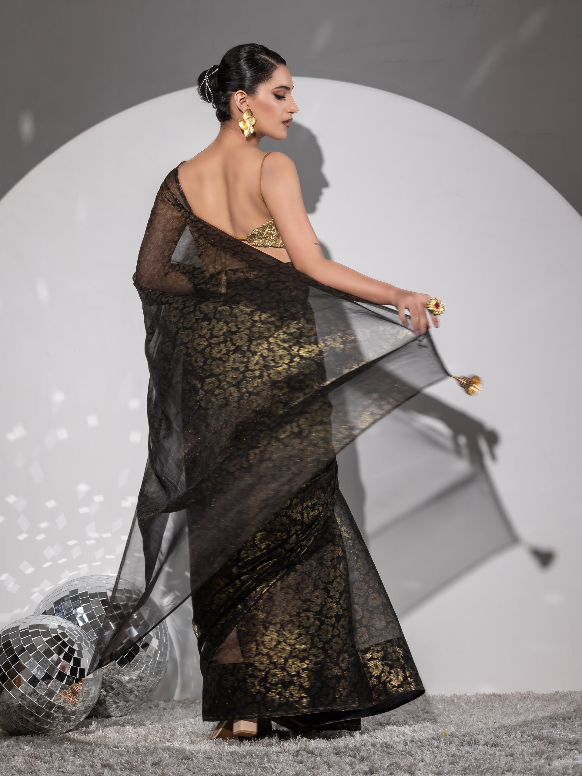 Shine on black organza gold floral print saree with blouse fabric — view 3