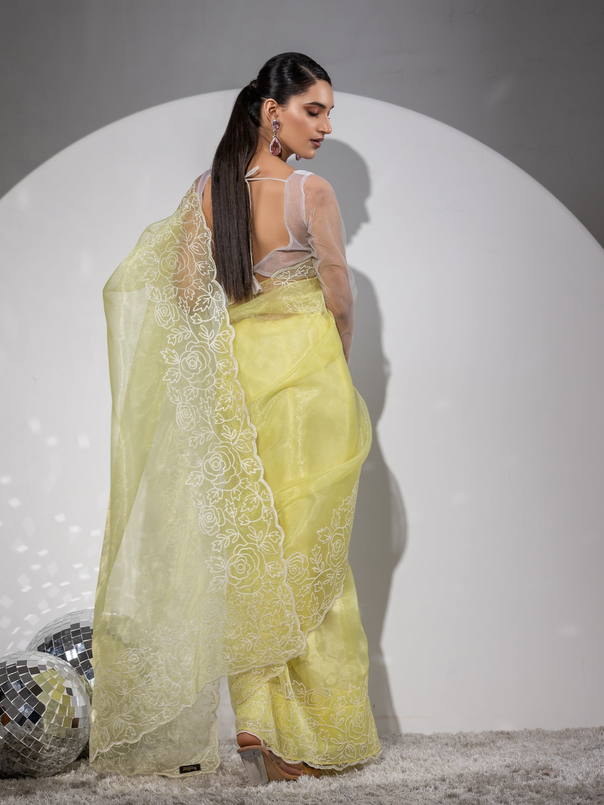 Summer- Lemon Yellow Organza Embroidered Saree