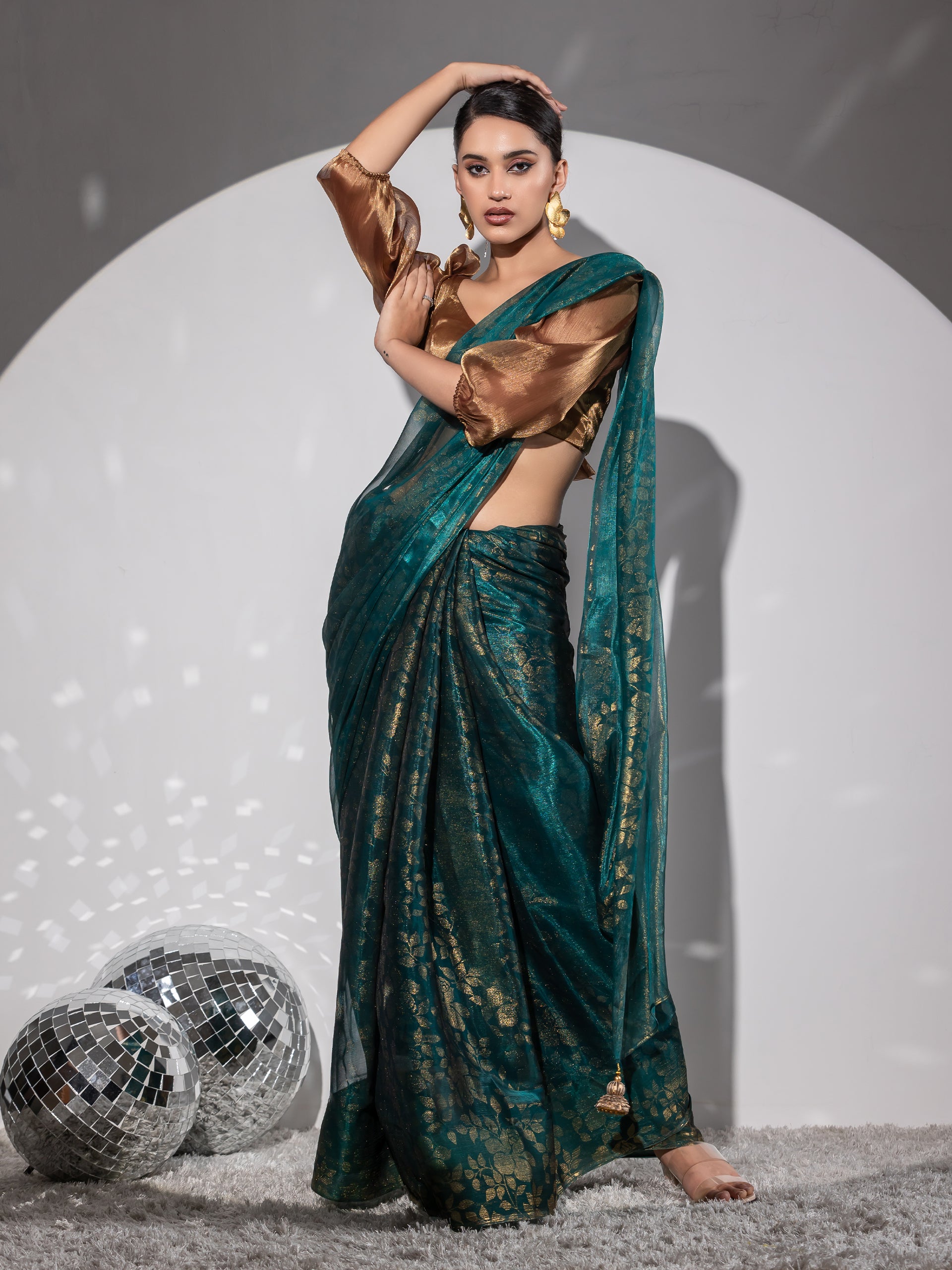 Golden forest organza floral print saree with blouse fabric