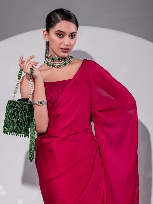 Romantic Crimson Butter Chiffon Saree with Embroidered Blouse Fabric