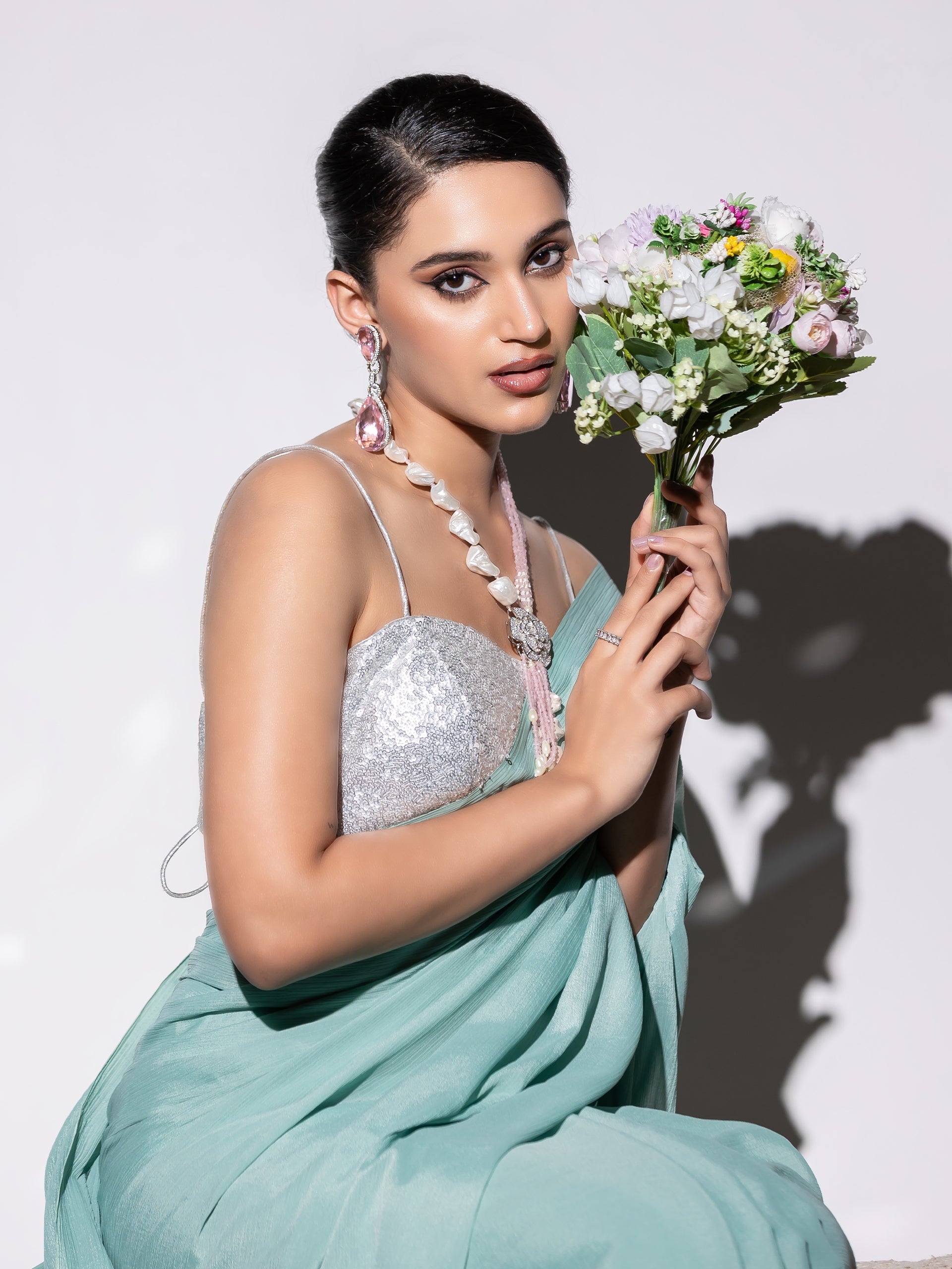 Bora Bora Blue Saree with Silver Lace