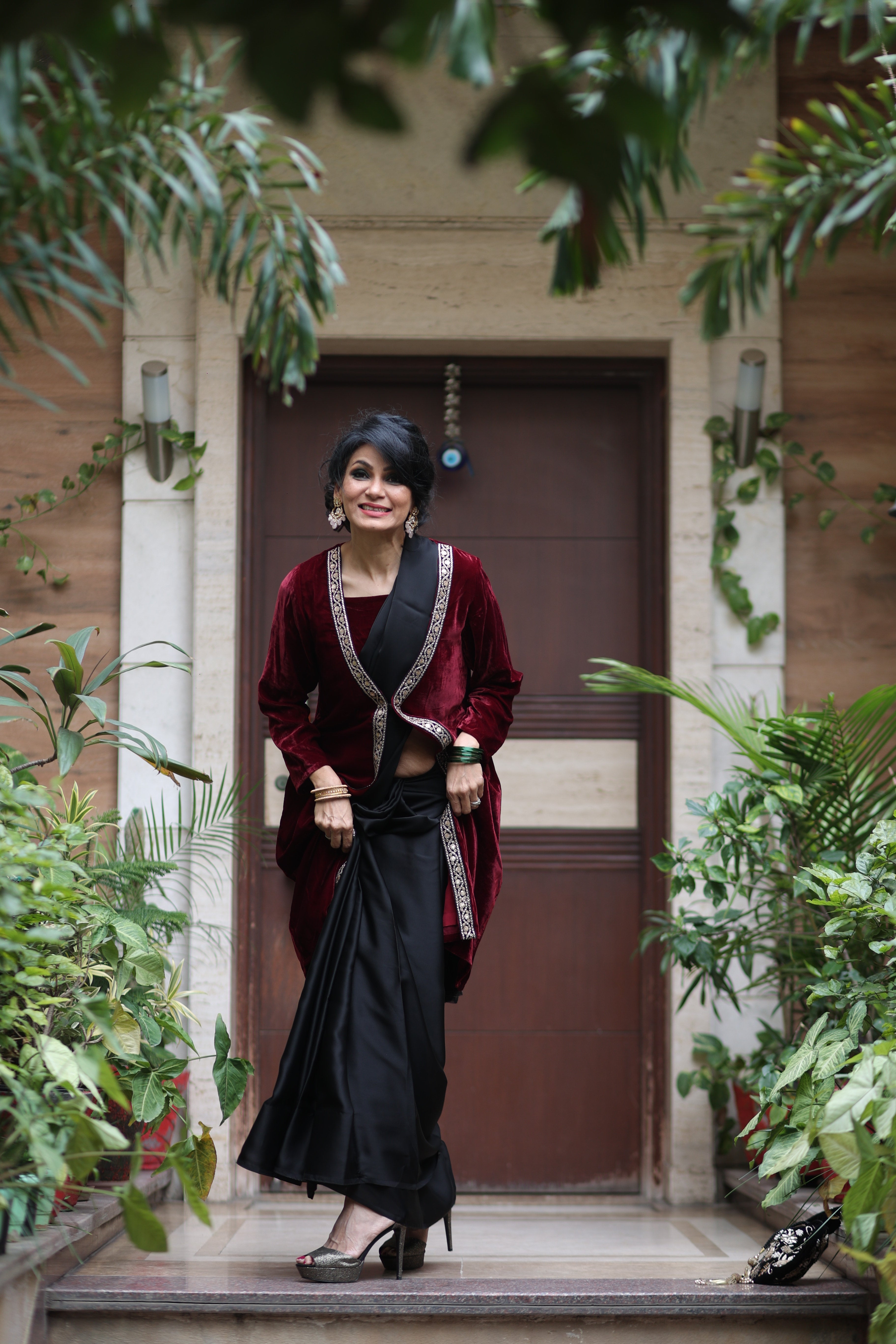 Sangria Velvet Jacket with Lace & Pocket