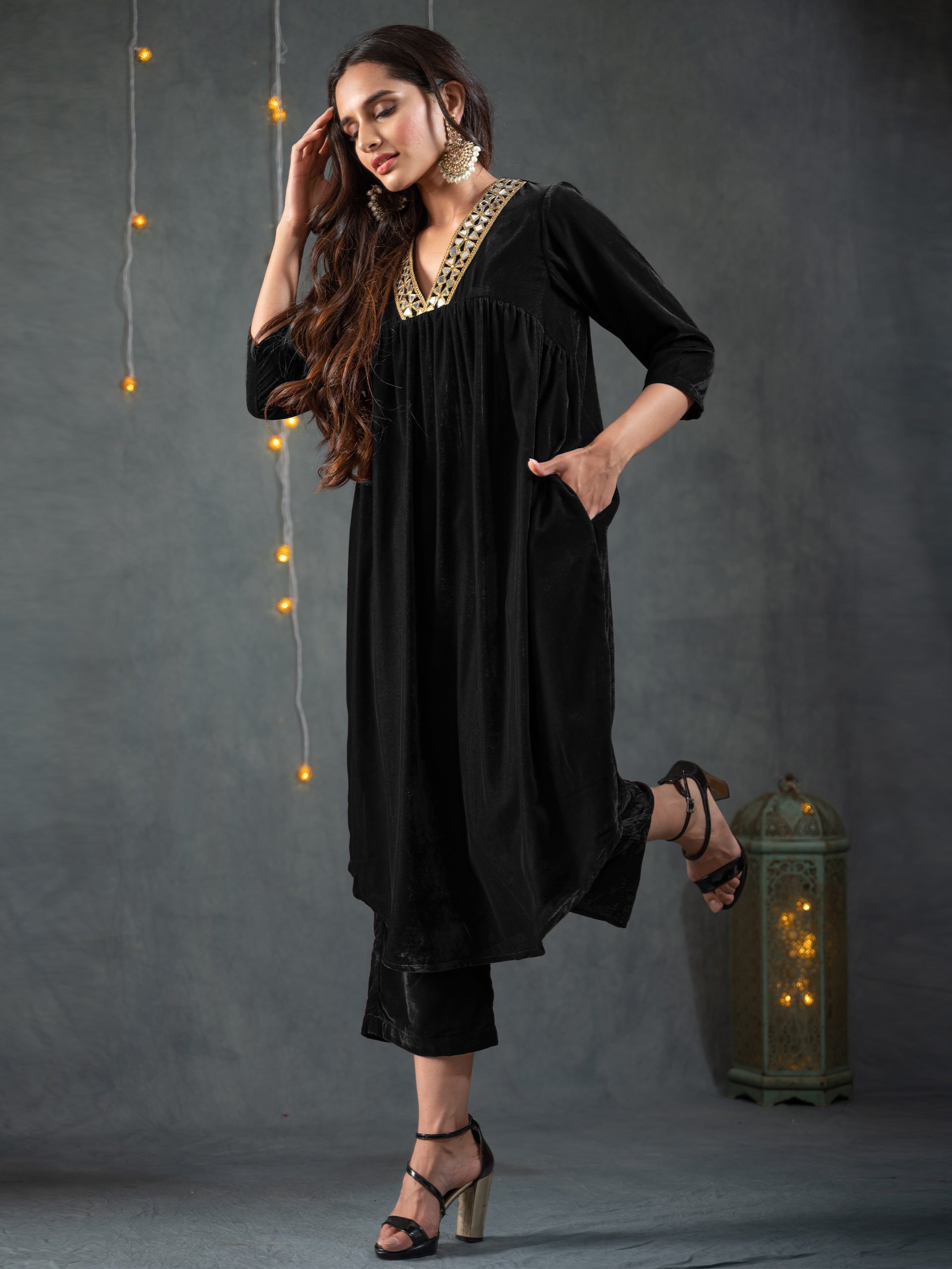 Women's Black Velvet Gathered Kurta with Pant 2 Piece Set | A-Line, V Neck, 3/4 Sleeves, Pants, Partywear, (Velvet)