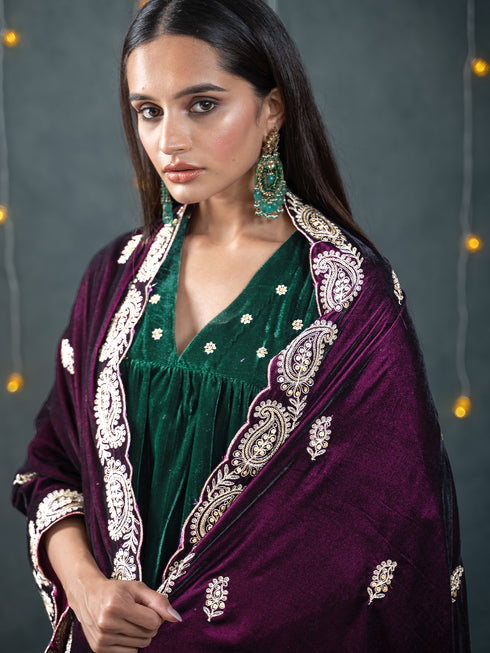 Women's Green Velvet Top with Sequined Sleeves and Yoke 2 Piece Set | Straight Fit, V Neck, 3/4 Sleeves, Pants, Partywear, (Velvet)