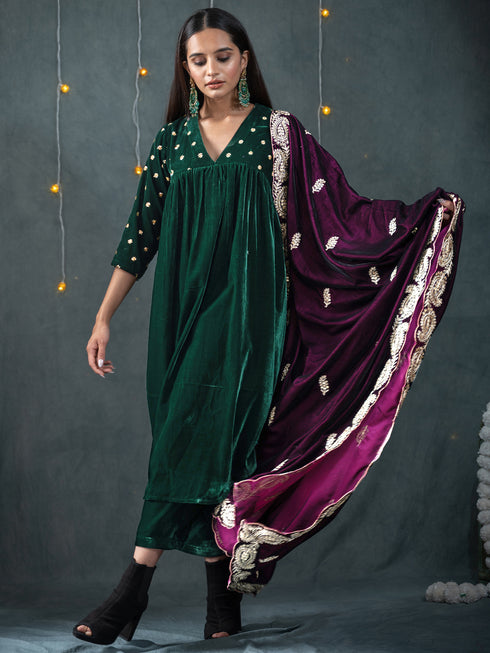 Women's Green Velvet Top with Sequined Sleeves and Yoke 2 Piece Set | Straight Fit, V Neck, 3/4 Sleeves, Pants, Partywear, (Velvet)
