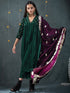 Women's Green Velvet Top with Sequined Sleeves and Yoke 2 Piece Set | Straight Fit, V Neck, 3/4 Sleeves, Pants, Partywear, (Velvet)