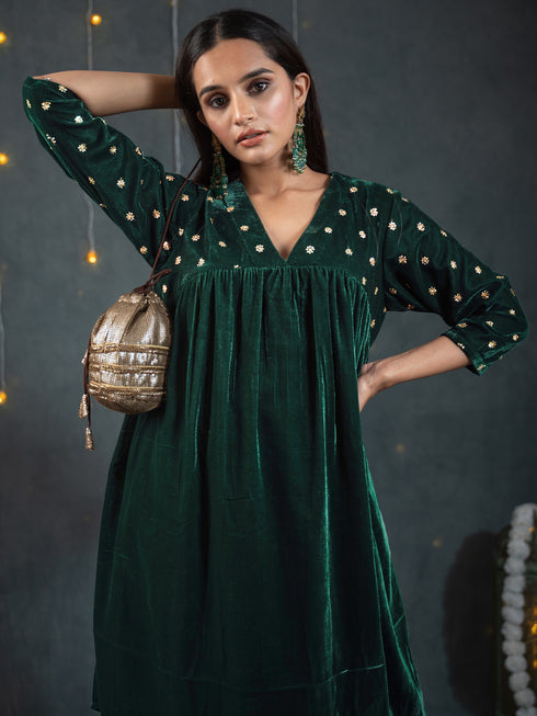 Women's Green Velvet Top with Sequined Sleeves and Yoke 2 Piece Set | Straight Fit, V Neck, 3/4 Sleeves, Pants, Partywear, (Velvet)