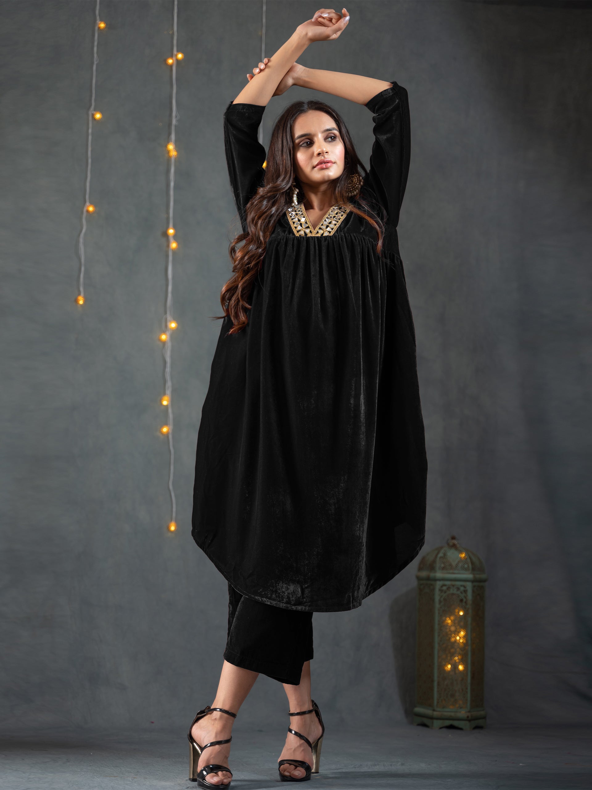 Women's Black Velvet Gathered Kurta with Pant 2 Piece Set | A-Line, V Neck, 3/4 Sleeves, Pants, Partywear, (Velvet)