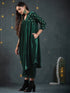 Women's Green Velvet Top with Sequined Sleeves and Yoke 2 Piece Set | Straight Fit, V Neck, 3/4 Sleeves, Pants, Partywear, (Velvet)