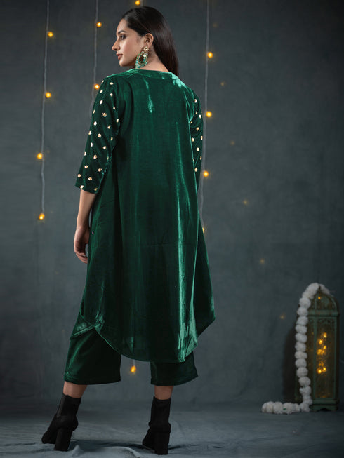 Women's Green Velvet Top with Sequined Sleeves and Yoke 2 Piece Set | Straight Fit, V Neck, 3/4 Sleeves, Pants, Partywear, (Velvet)